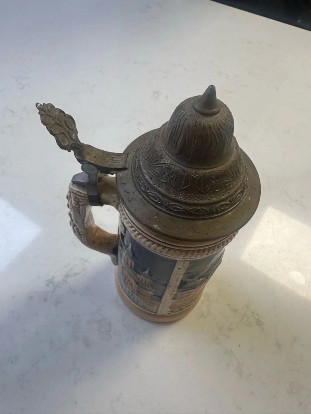 German Ceramic Beer Stein with Pewter Lid - Blue and Tan
